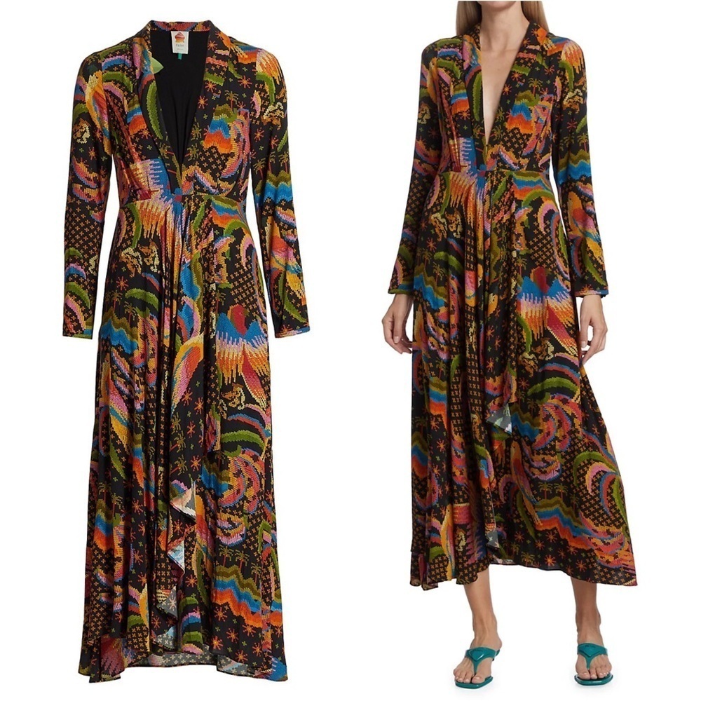 Farm Rio • Macaw Island Dress long sleeve maxi black cross stitch print - Picture 3 of 16